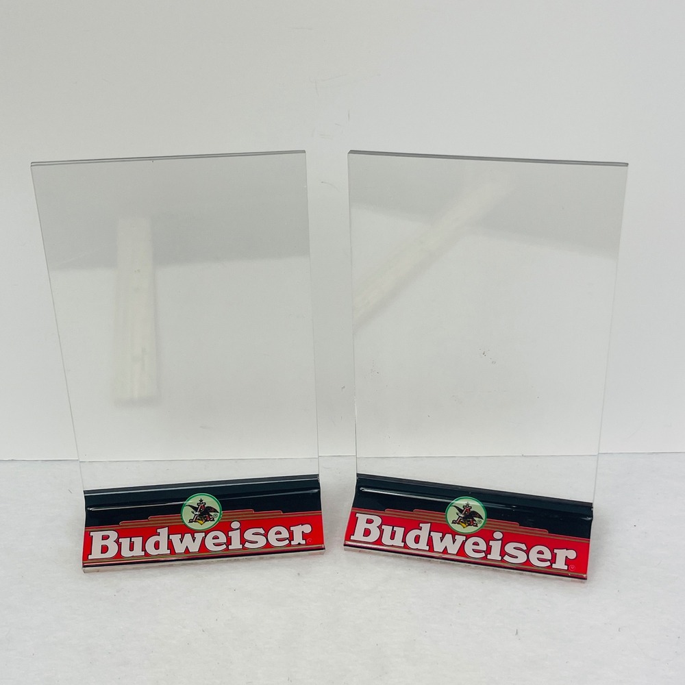 Vintage Budweiser Acrylic Table Tent Sign Holder Pair Clear Bar Menu Display 8in